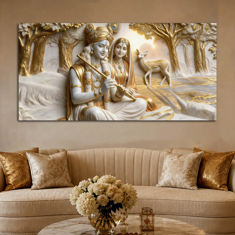 Sacred Shree Radha Krishna with Deer in Golden Forest 3D Canvas Wall Painting