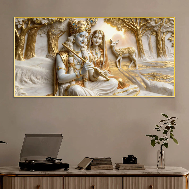 Sacred Shree Radha Krishna with Deer in Golden Forest 3D Canvas Wall Painting