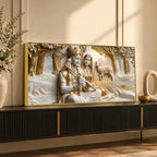 Sacred Shree Radha Krishna with Deer in Golden Forest 3D Canvas Wall Painting