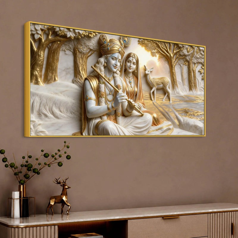 Sacred Shree Radha Krishna with Deer in Golden Forest 3D Canvas Wall Painting