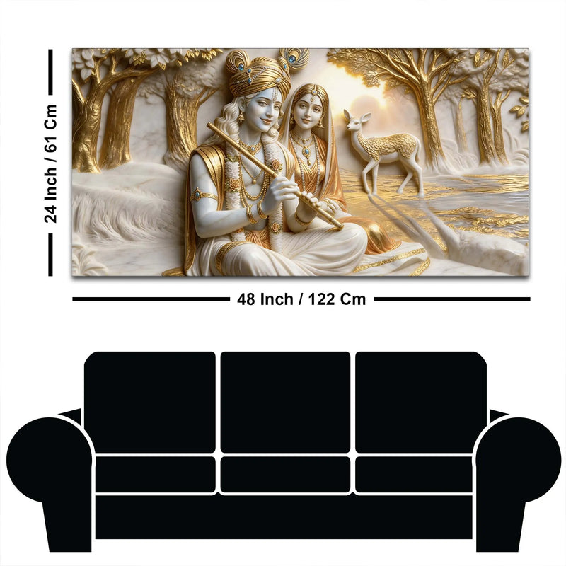 Sacred Shree Radha Krishna with Deer in Golden Forest 3D Canvas Wall Painting