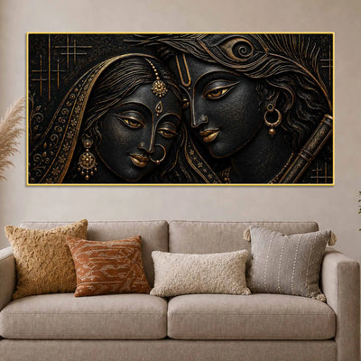 Sacred Shree Radha Krishna with Flute Golden Metallic Look 3D Canvas Wall Painting