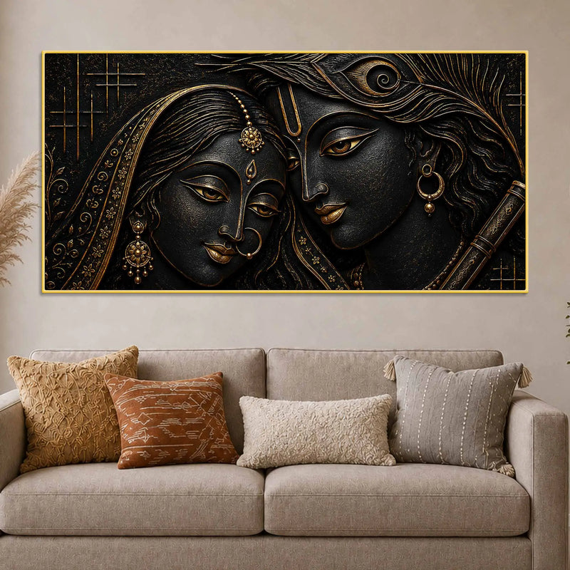 Sacred Shree Radha Krishna with Flute Golden Metallic Look 3D Canvas Wall Painting