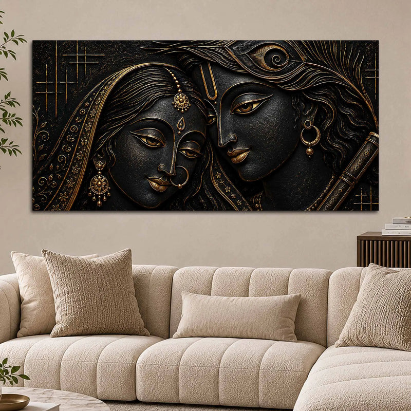 Sacred Shree Radha Krishna with Flute Golden Metallic Look 3D Canvas Wall Painting