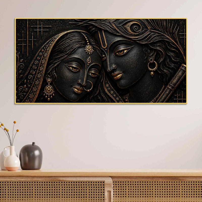 Sacred Shree Radha Krishna with Flute Golden Metallic Look 3D Canvas Wall Painting