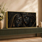 Sacred Shree Radha Krishna with Flute Golden Metallic Look 3D Canvas Wall Painting