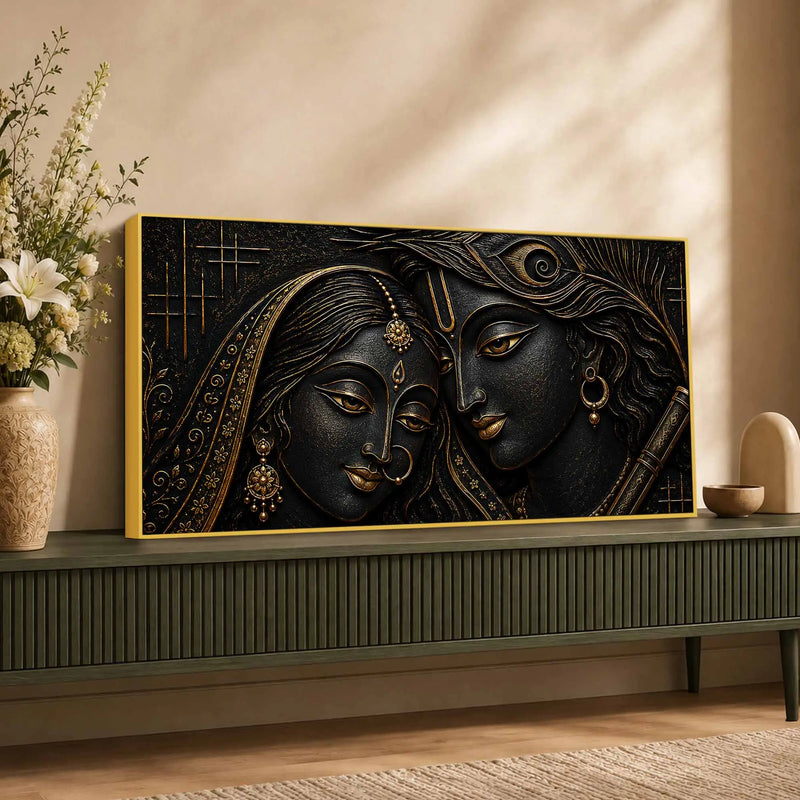 Sacred Shree Radha Krishna with Flute Golden Metallic Look 3D Canvas Wall Painting
