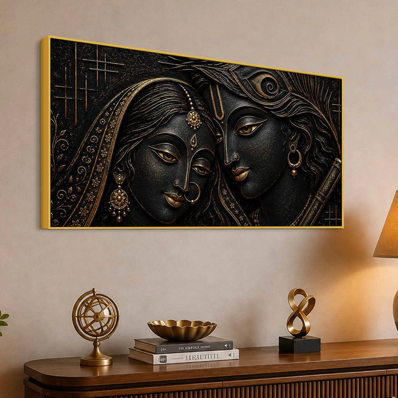 Sacred Shree Radha Krishna with Flute Golden Metallic Look 3D Canvas Wall Painting