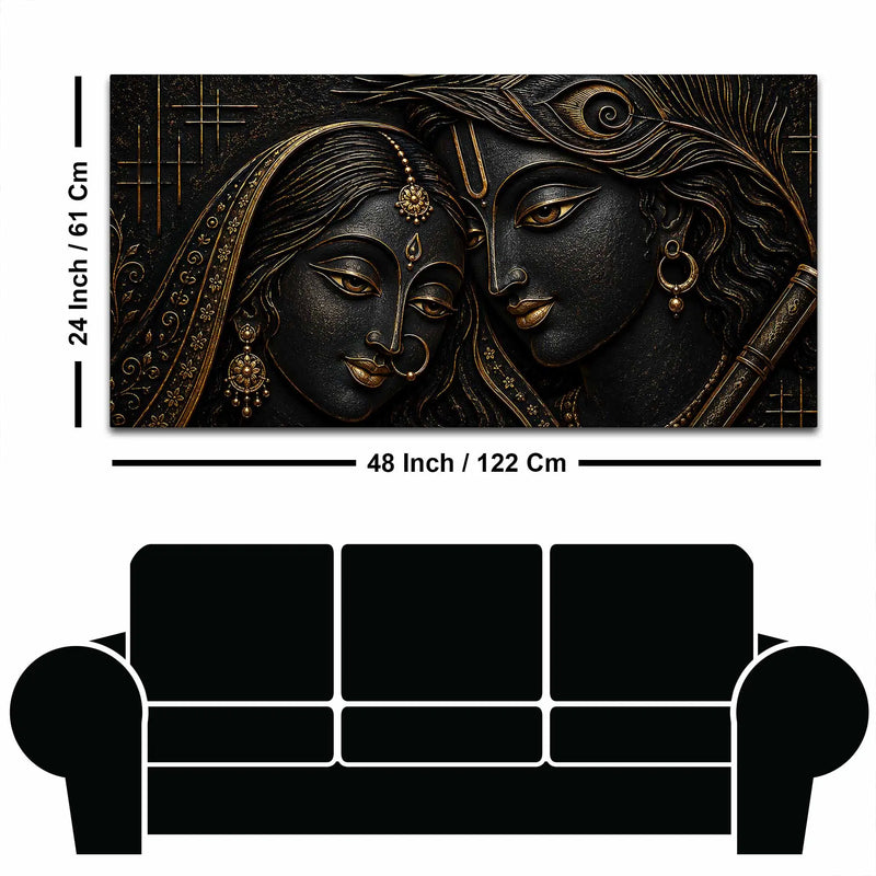 Sacred Shree Radha Krishna with Flute Golden Metallic Look 3D Canvas Wall Painting