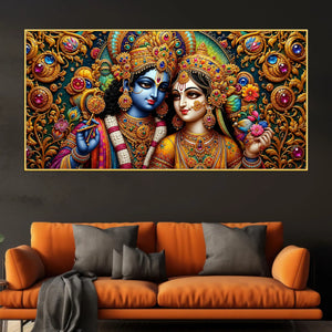 Sacred Shree Radha Krishna with Ornate Gemstones 3D Canvas Wall Painting
