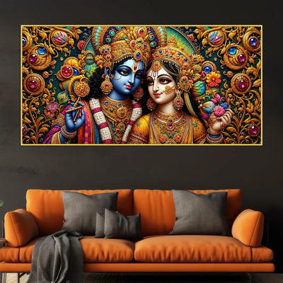 Sacred Shree Radha Krishna with Ornate Gemstones 3D Canvas Wall Painting