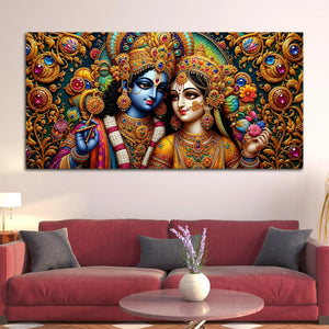 Sacred Shree Radha Krishna with Ornate Gemstones 3D Canvas Wall Painting