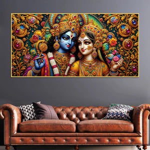 Sacred Shree Radha Krishna with Ornate Gemstones 3D Canvas Wall Painting