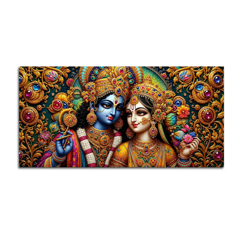 Sacred Shree Radha Krishna with Ornate Gemstones 3D Canvas Wall Painting