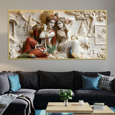 Sacred Shree Radha Krishna with Peacock & Cow 3D Canvas Wall Painting