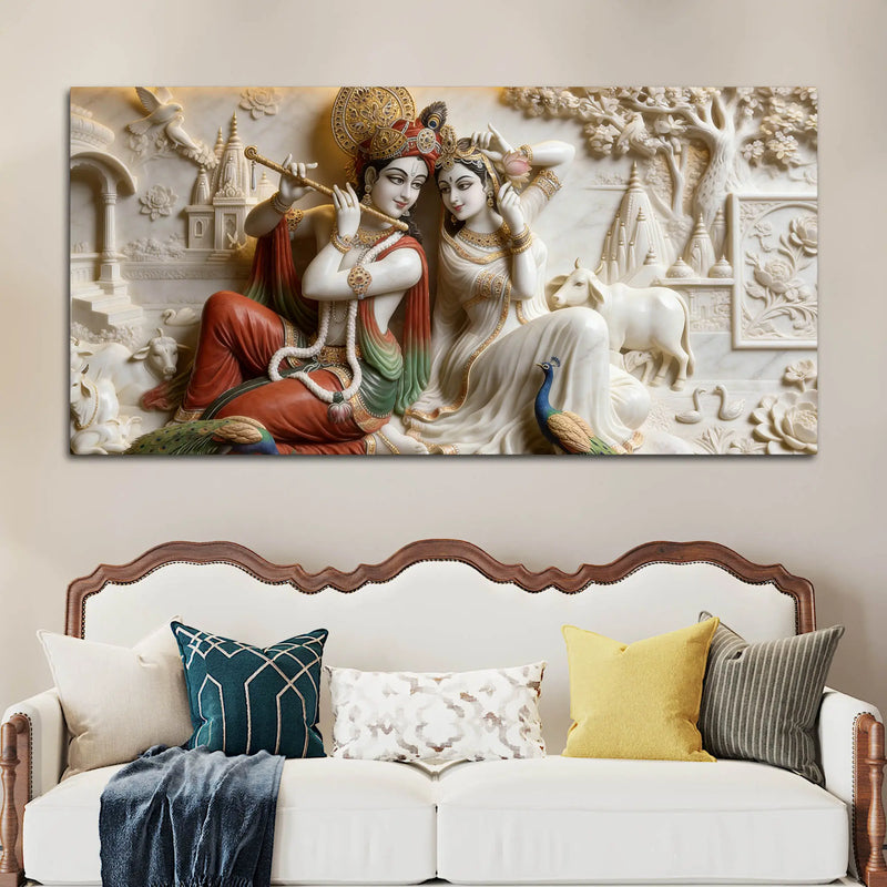 Sacred Shree Radha Krishna with Peacock & Cow 3D Canvas Wall Painting
