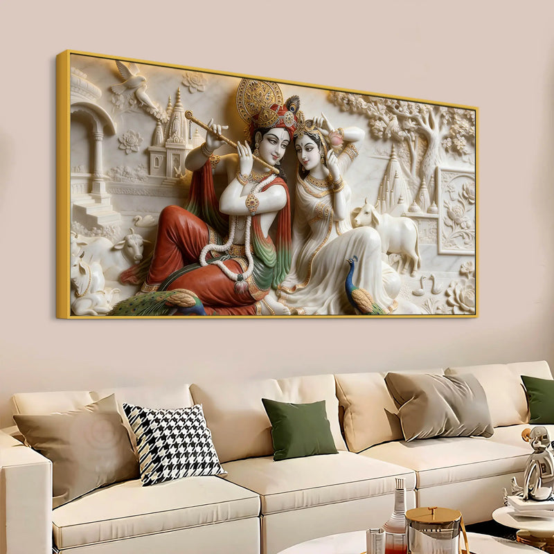 Sacred Shree Radha Krishna with Peacock & Cow 3D Canvas Wall Painting