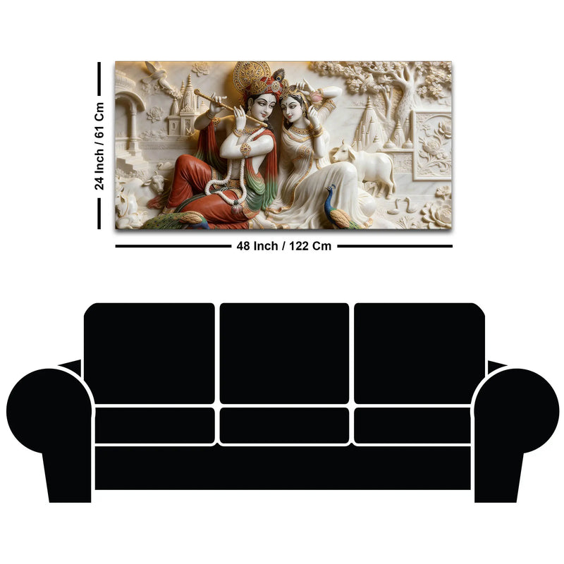 Sacred Shree Radha Krishna with Peacock & Cow 3D Canvas Wall Painting