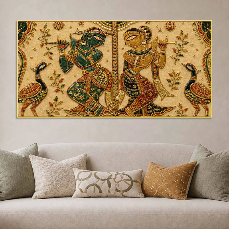 Sacred Shree Radha Krishna with Peacock Pair Tanjore Style 3D Canvas Wall Painting