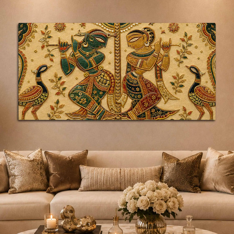 Sacred Shree Radha Krishna with Peacock Pair Tanjore Style 3D Canvas Wall Painting