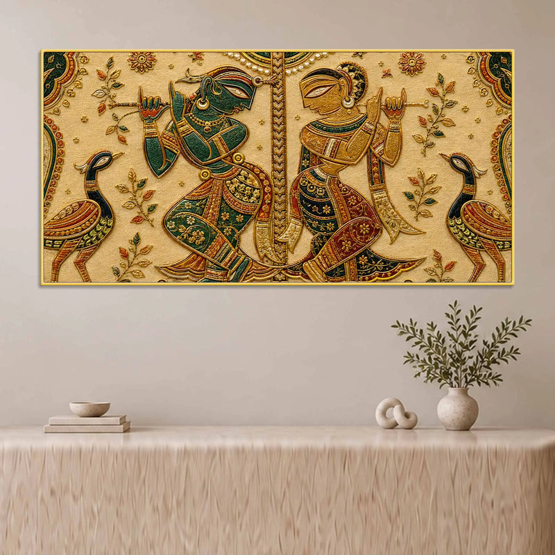Sacred Shree Radha Krishna with Peacock Pair Tanjore Style 3D Canvas Wall Painting