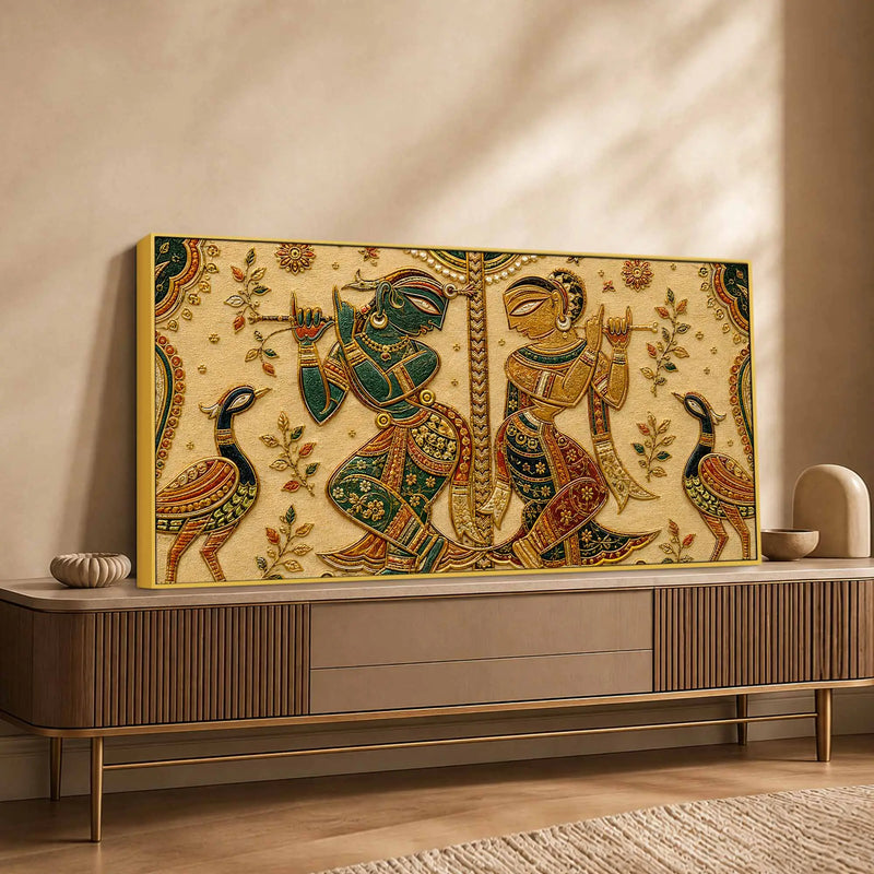 Sacred Shree Radha Krishna with Peacock Pair Tanjore Style 3D Canvas Wall Painting