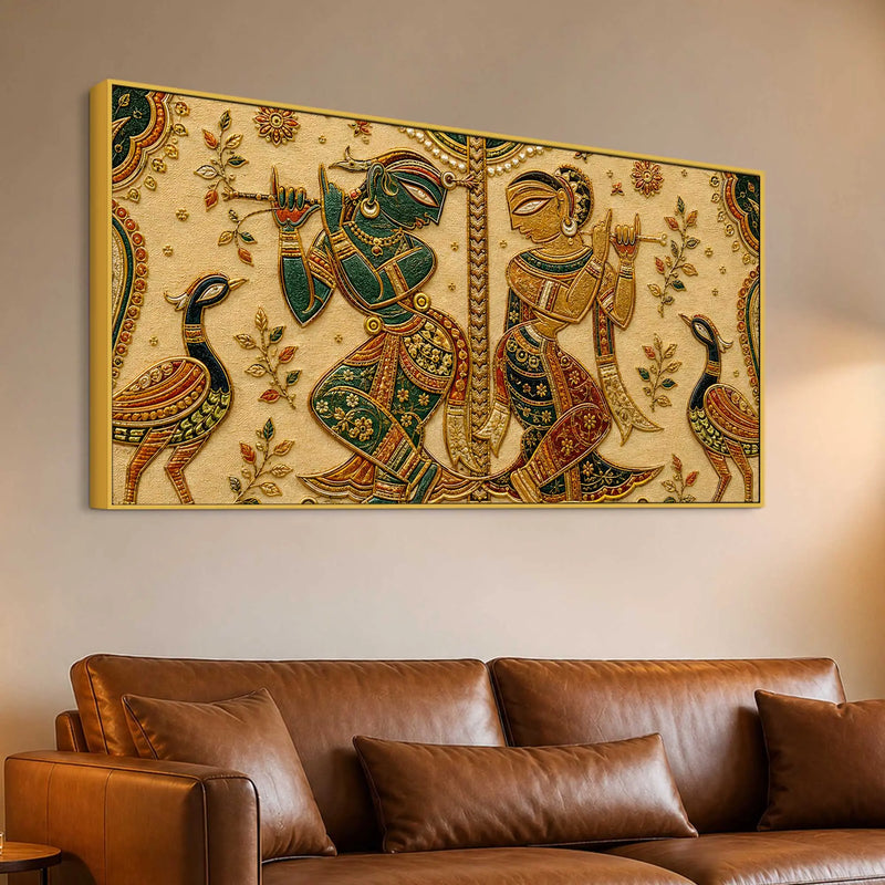 Sacred Shree Radha Krishna with Peacock Pair Tanjore Style 3D Canvas Wall Painting