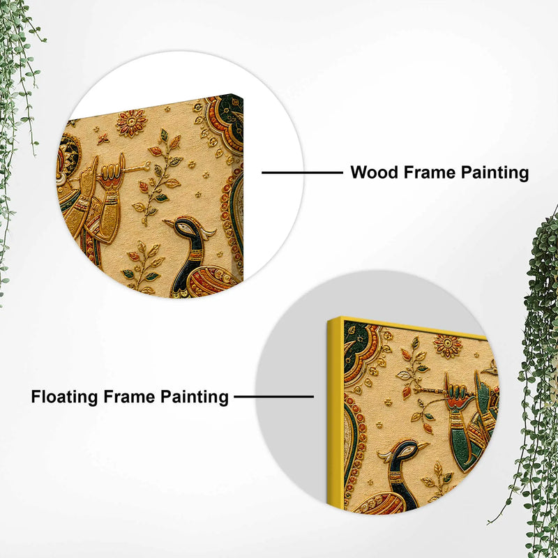 Sacred Shree Radha Krishna with Peacock Pair Tanjore Style 3D Canvas Wall Painting