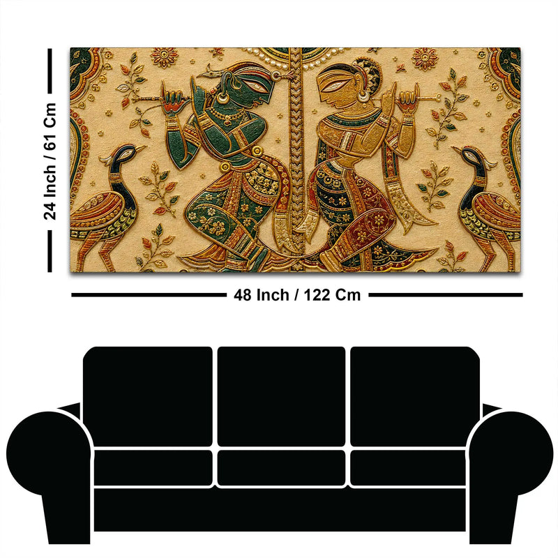Sacred Shree Radha Krishna with Peacock Pair Tanjore Style 3D Canvas Wall Painting