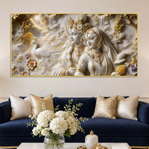 Sacred Shree Radha Krishna with Peacock & Waterfall 3D Canvas Wall Painting
