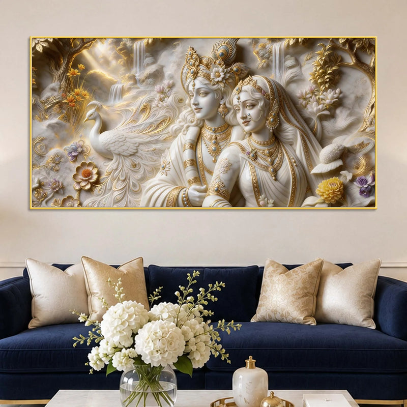 Sacred Shree Radha Krishna with Peacock & Waterfall 3D Canvas Wall Painting