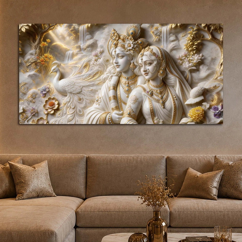 Sacred Shree Radha Krishna with Peacock & Waterfall 3D Canvas Wall Painting