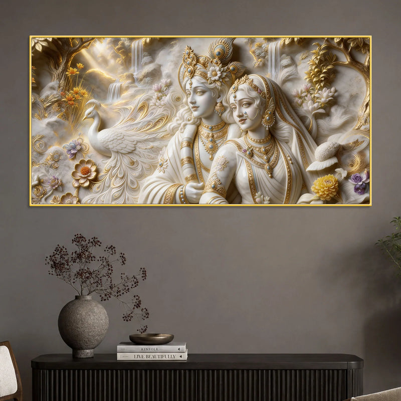 Sacred Shree Radha Krishna with Peacock & Waterfall 3D Canvas Wall Painting