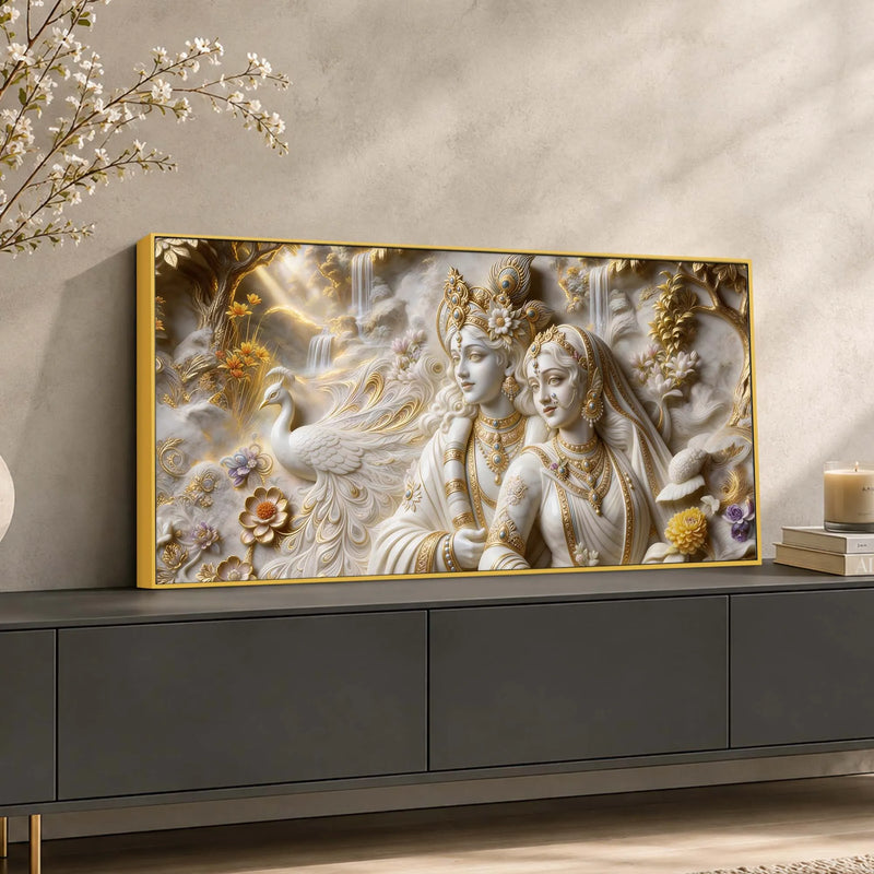 Sacred Shree Radha Krishna with Peacock & Waterfall 3D Canvas Wall Painting