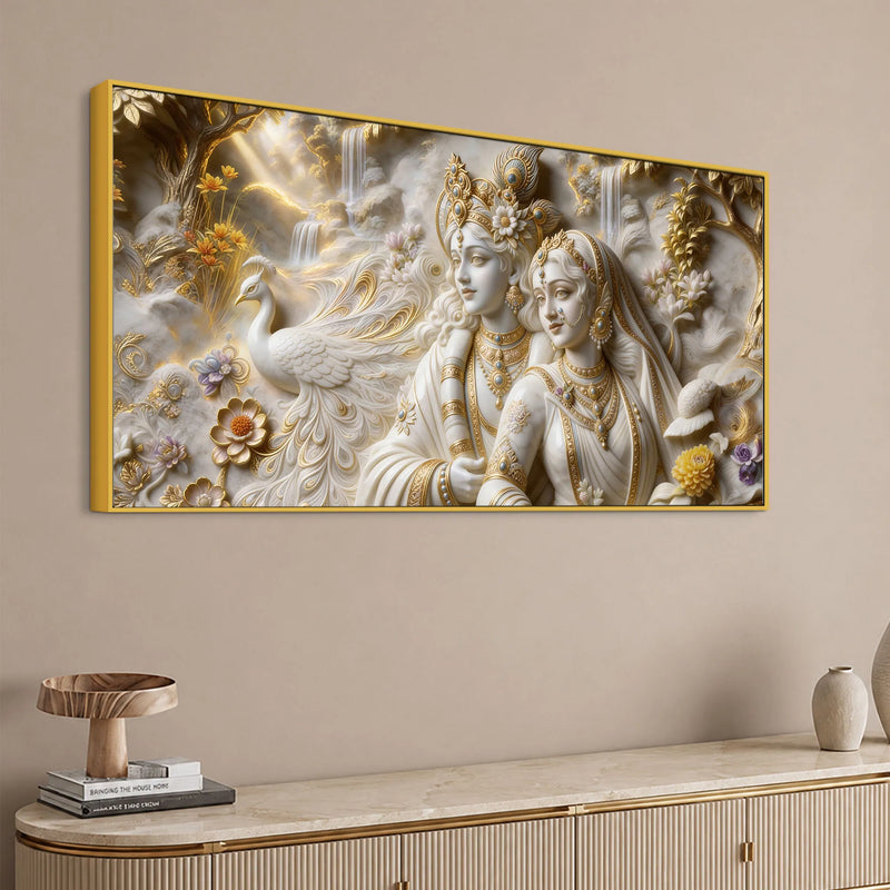 Sacred Shree Radha Krishna with Peacock & Waterfall 3D Canvas Wall Painting