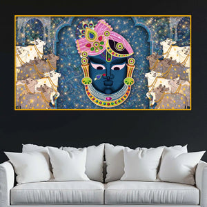 Sacred Shrinath Ji with Gau Mata Painting Crystal Glass Wall Décor for Positive Energy Home