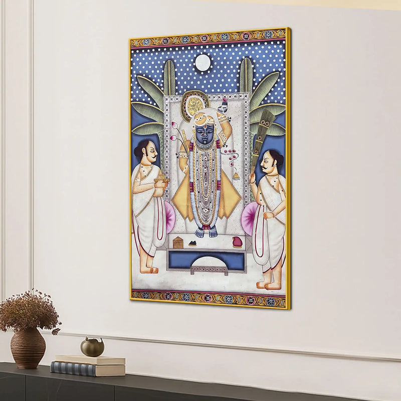 Sacred Shrinath Ji with Priests Traditional Nathdwara Pichwai Canvas Wall Painting