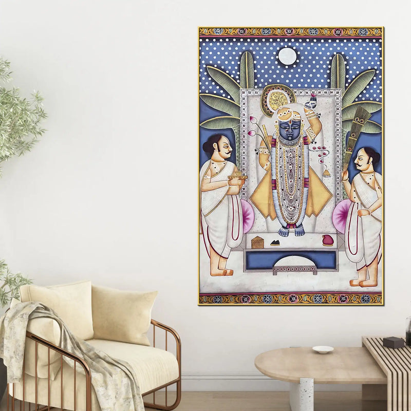 Sacred Shrinath Ji with Priests Traditional Nathdwara Pichwai Canvas Wall Painting