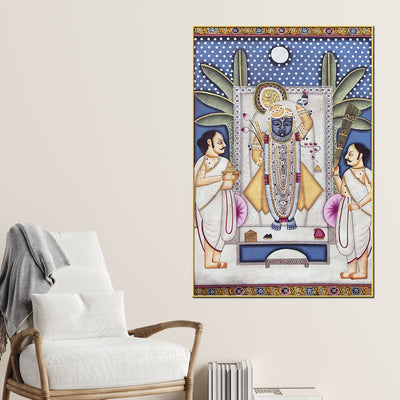 Sacred Shrinath Ji with Priests Traditional Nathdwara Pichwai Canvas Wall Painting