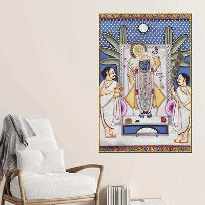 Sacred Shrinath Ji with Priests Traditional Nathdwara Pichwai Canvas Wall Painting