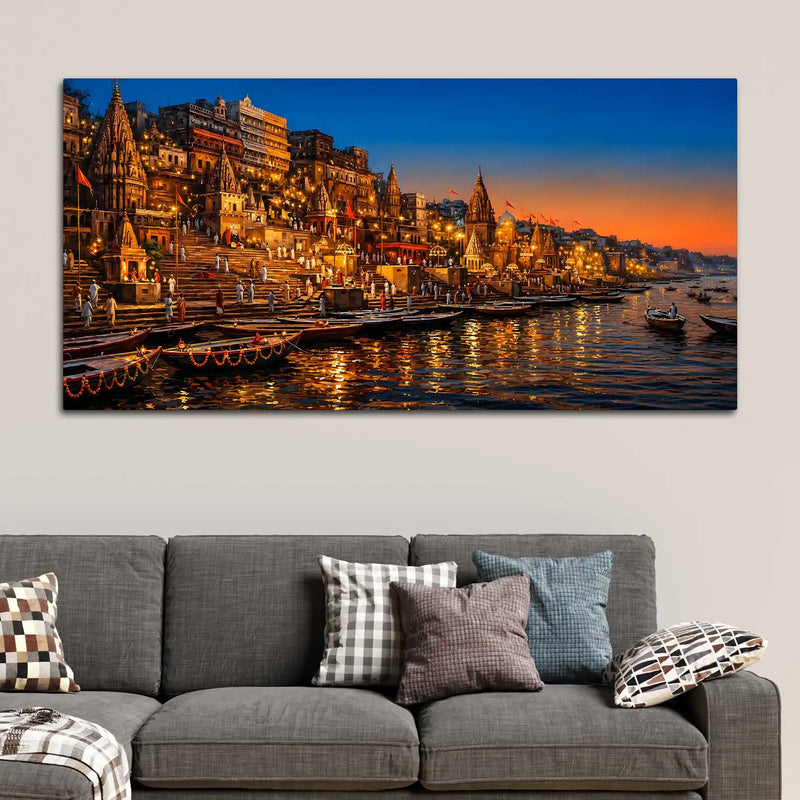 Sacred Temple Glow of Varanasi Canvas Painting for Home Decor