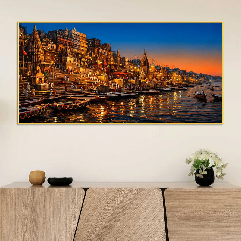 Sacred Temple Glow of Varanasi Canvas Painting for Home Decor