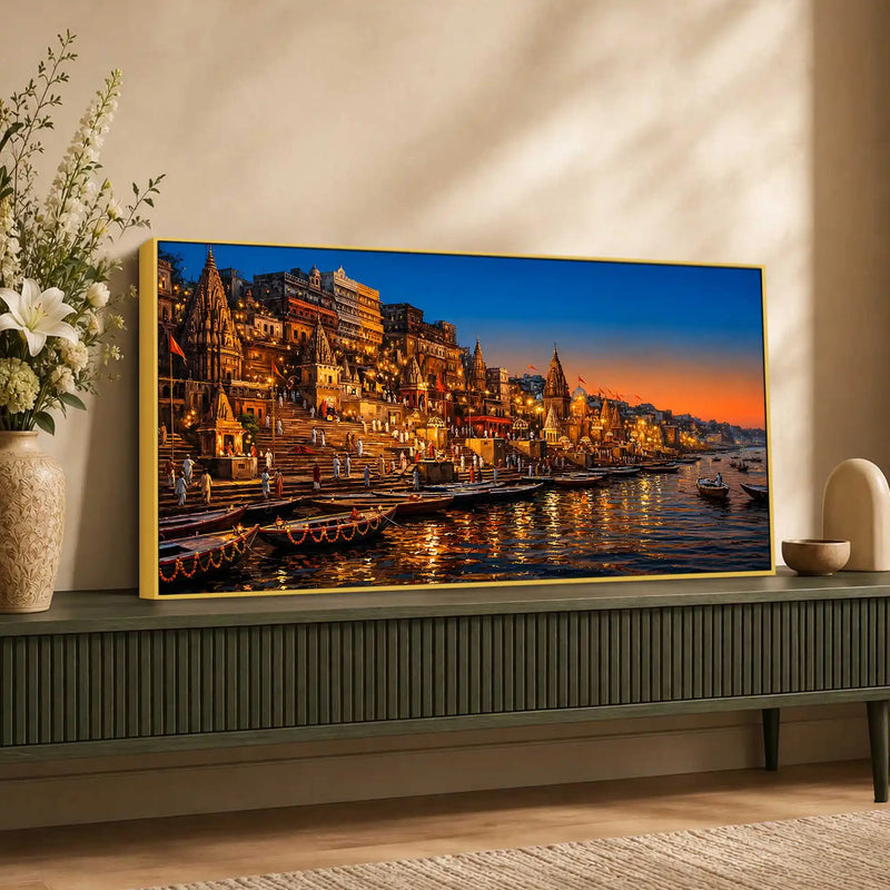 Sacred Temple Glow of Varanasi Canvas Painting for Home Decor