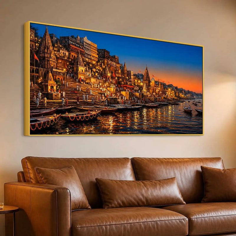 Sacred Temple Glow of Varanasi Canvas Painting for Home Decor
