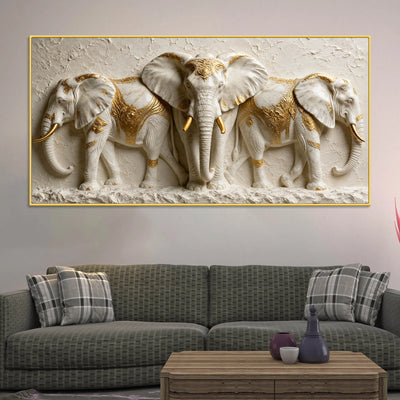 Sacred White Elephant Family with Golden Embellishments 3D Canvas Wall Painting