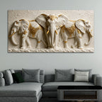 Sacred White Elephant Family with Golden Embellishments 3D Canvas Wall Painting