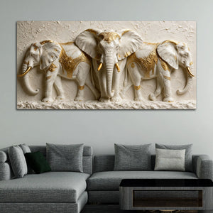 Sacred White Elephant Family with Golden Embellishments 3D Canvas Wall Painting