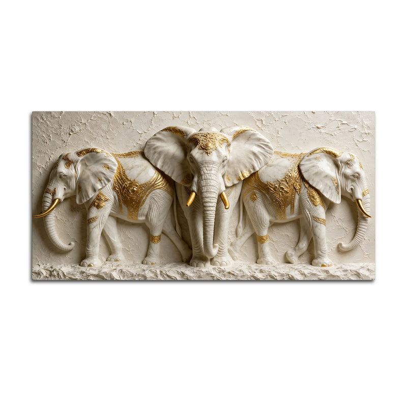 Sacred White Elephant Family with Golden Embellishments 3D Canvas Wall Painting