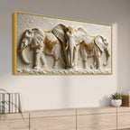 Sacred White Elephant Family with Golden Embellishments 3D Canvas Wall Painting