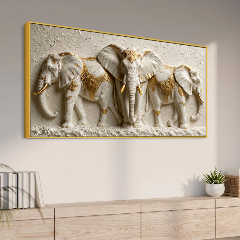Sacred White Elephant Family with Golden Embellishments 3D Canvas Wall Painting